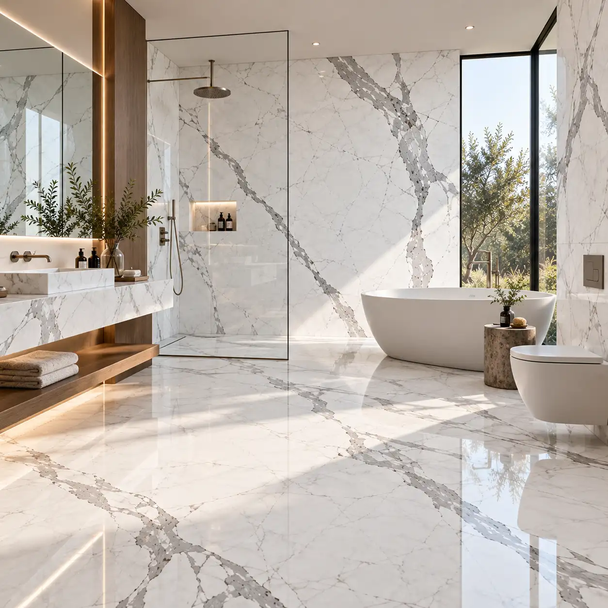 Designing Opulent Bathrooms and Spa Suites with Statuario Marble Slabs