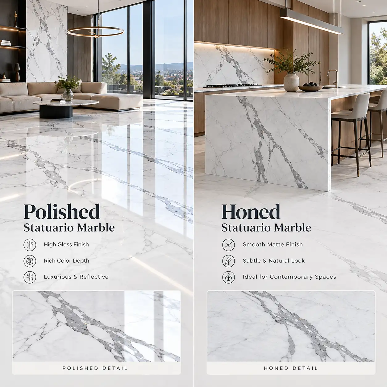 Polished vs Honed Statuario Marble: The Architect's Surface Finish Guide
