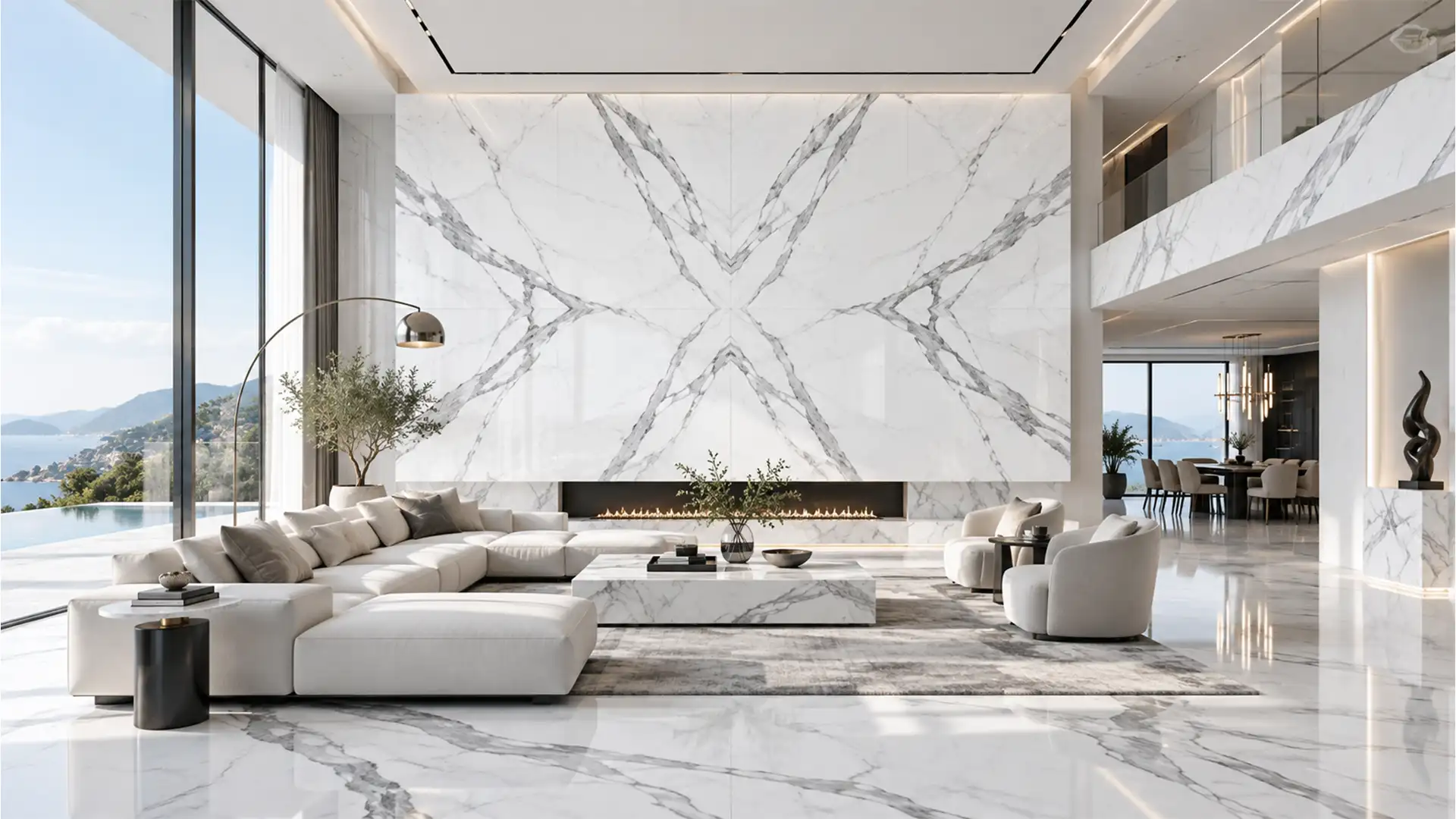 Luxury interior clad in premium Statuario marble with dramatic grey veining