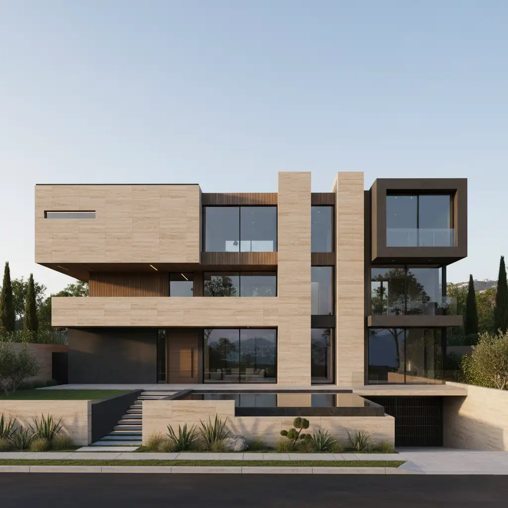 Moca Cream limestone used as exterior facade cladding on a modern villa